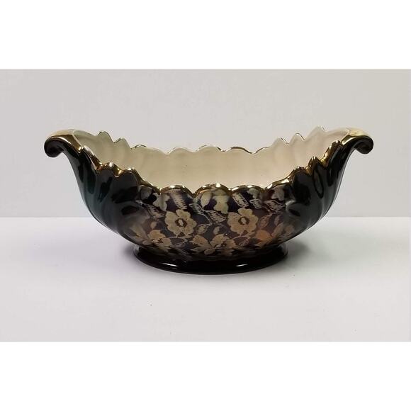 Vintage Guadalajara Boat Bowl, Lofisa Console, Lacy Floral Pattern, Black Green - Picture 2 of 8